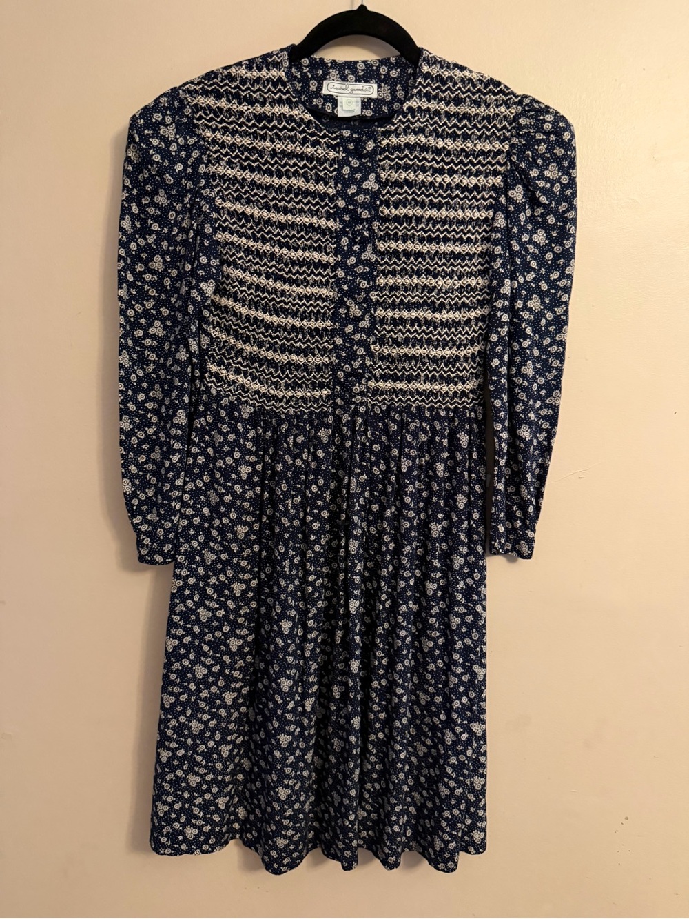 Isabel Garreton Navy Blue Floral Smocked Bodice Dress